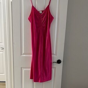 Pink Satin Ruched Midi Dress